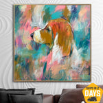 Abstrakte Beagle-Kunst, bunte Hundebilder auf Leinwand, Acryl, handgefertigte Malerei, moderne abstrakte Kunst | BRITISH FORTITUDE 127x127 cm