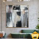 Große gerahmte Kunstmalerei weiße Kunst schwarze moderne Gemälde auf Leinwand Gemälde Original Öl abstrakte Raumdekoration | STREAKED WITH TEARS 50x50 cm