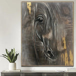 Extra großes vertikales Wandkunst-Pferdegemälde, abstraktes Gemälde, Original graue abstrakte Kunst, Blattgold | NOBLE HORSE