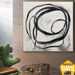 Großes originales abstraktes Gemälde, gerahmt, Wandkunst, Schwarz-Weiß-Malerei, minimalistische Kunst, Acrylmalerei | SPIRALE 117x117 cm