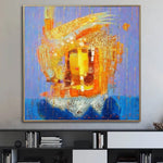 Großes originales abstraktes blaues und orangefarbenes Gemälde auf Leinwand, strukturierte Malerei, kreative Wandkunst, modernes Ölgemälde | FIRE BALL