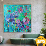 Ursprüngliche abstrakte Blumen-Gemälde auf Segeltuch-bunte Blumenkunst-moderne Ölgemälde-strukturierte Malerei | FLORAL RESONANCE 117x117 cm