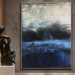 Große Original abstrakte Malerei blaue Leinwand Kunst graue Malerei schwarze Malerei | MORNING OCEAN