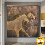 Braune Pferde, die moderne impressionistische Kunst-Luxusmalerei-abstrakte Tiermalerei-strukturierte Wand-Kunst malen | RUNNING HORSES 117x117 cm