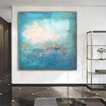 Pfauenblaue Gemälde auf Leinwand Übergroße Gemälde Abstrakte Türkismalerei Weiße Malerei | TURQUOISE ILLUSION