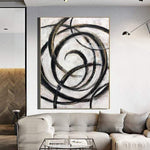 Gebogene Linien minimalistische original Ölgemälde auf Leinwand: abstrakte moderne Kunst in schwarz, weiß, beige, braun für Haus und Büro Wanddekoration | LIFE CYCLE