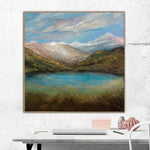 Original impressionistische Bergsee-Landschaft Ölgemälde auf Leinwand: Impasto minimalistische Berg und See Kunst in blau, weiß, grün | MOUNTAIN LAKE
