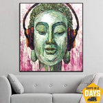 Große Original-Buddha-Malerei Buddha mit Kopfhörern Kunst asiatische Ölgemälde auf Leinwand-Wand-Kunst-Dekor | INSPIRATIONAL VIBE 70x70 cm