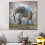 Elefant Wandkunst Tierkunst Großes Original Ölgemälde Blattgold Kunst Elefant Malerei | ELEPHANT IN THE FOG 81x81 cm