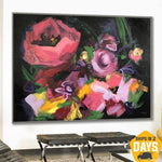 Extra große abstrakte Blumenbilder auf Leinwand, Original-Acryl-Wandkunst | BOUQUET FROM THE PAST 102x137 cm